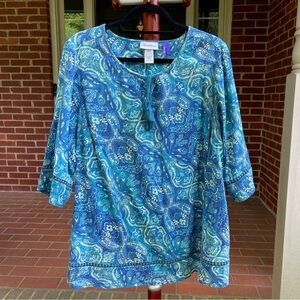 Catherines Cotton Peasant Top Blue, Green, White Design 1XWP Petite